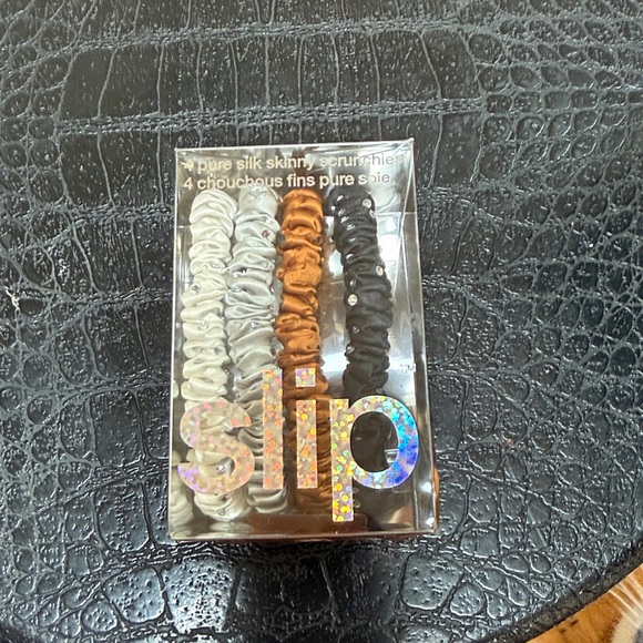 NWT Slip Silk Skinny Scrunchies Set -of 4 Cream, Tan, Black, grey with crystals - Picture 2 of 5